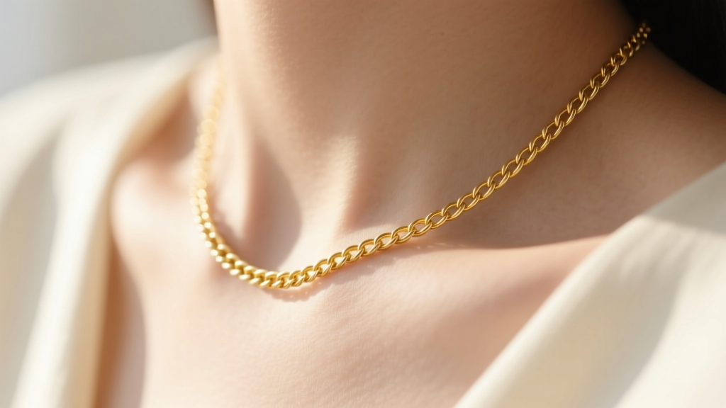 Close-up of a delicate 14k yellow gold cable chain necklace resting on a collarbone, soft natural lighting, macro photography.