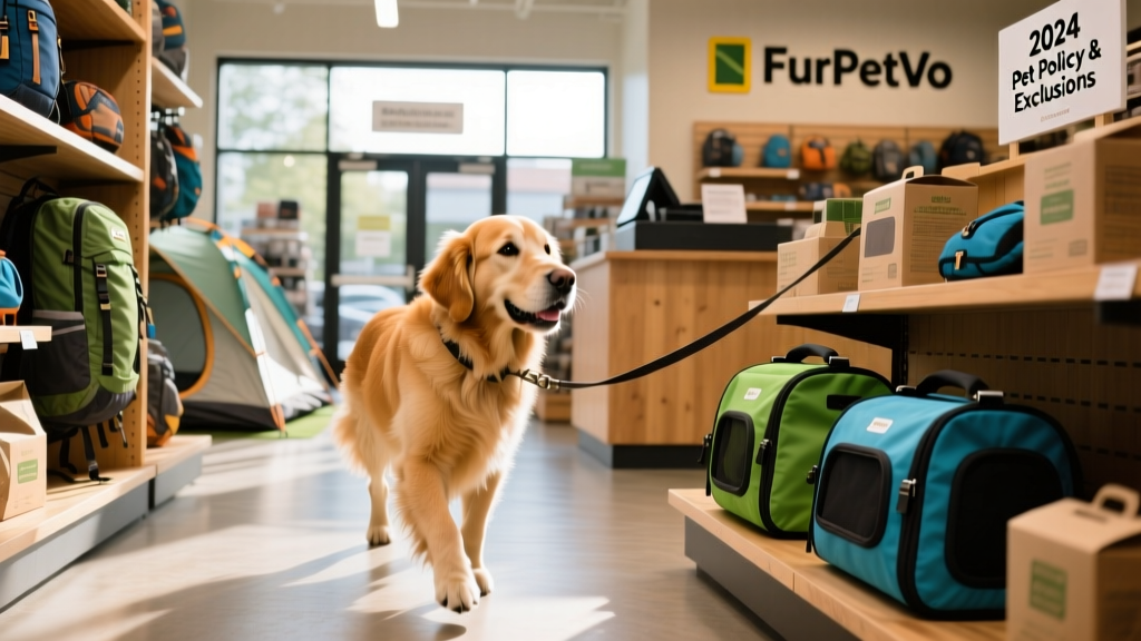 A friendly, leashed dog exploring a spacious FurPetVo store aisle with outdoor gear on display