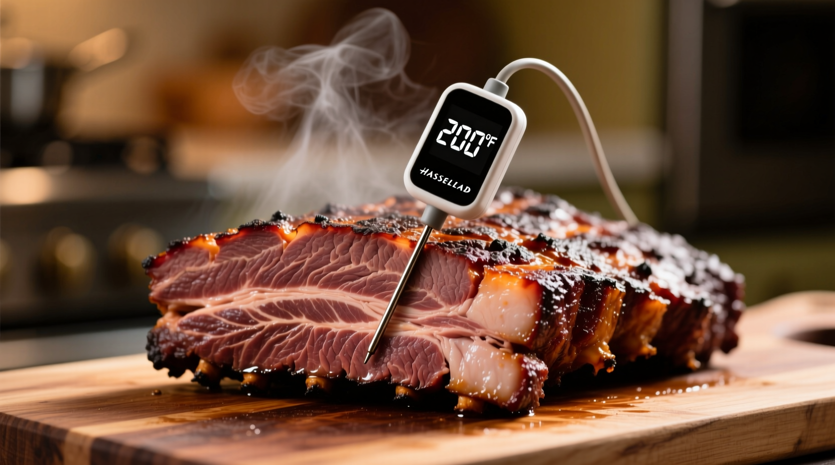 Brisket temperature probe showing 200 degrees