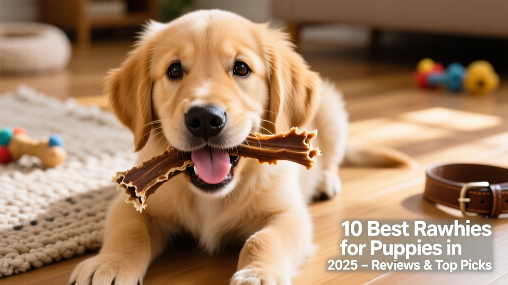 Close-up of a golden retriever puppy happily chewing a natural rawhide strip