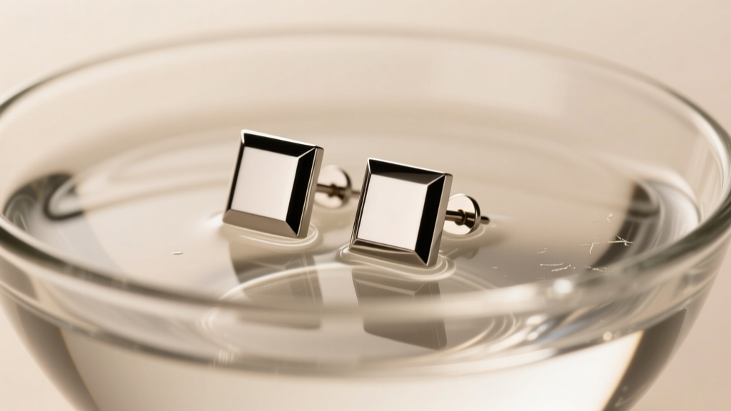 Close-up of titanium stud earrings resting in a small glass bowl of clear isopropyl alcohol under soft, warm studio lighting.
