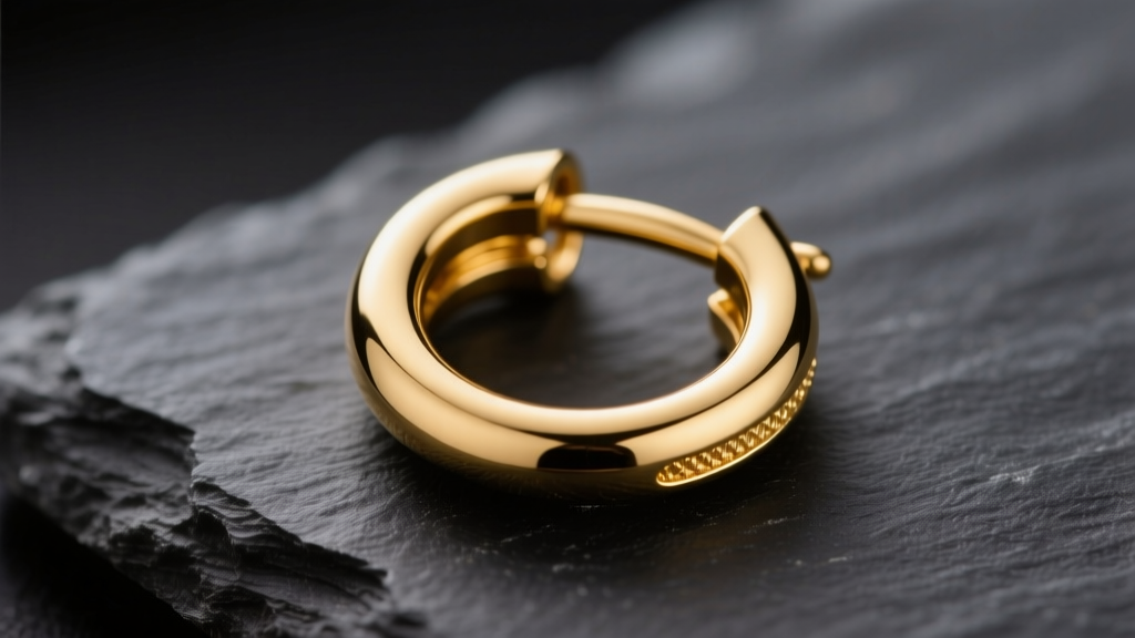 Macro shot of a 14k gold huggie clicker hinge on dark slate, with soft studio lighting highlighting the delicate seam.