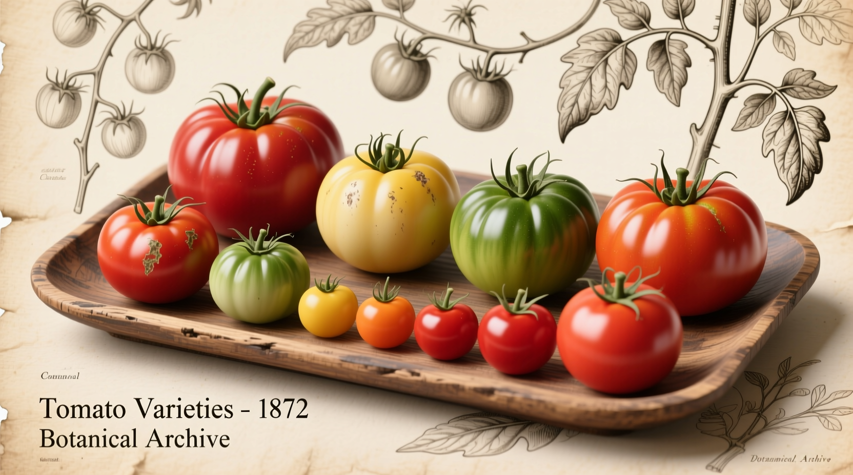 Various tomato types arranged by size and color
