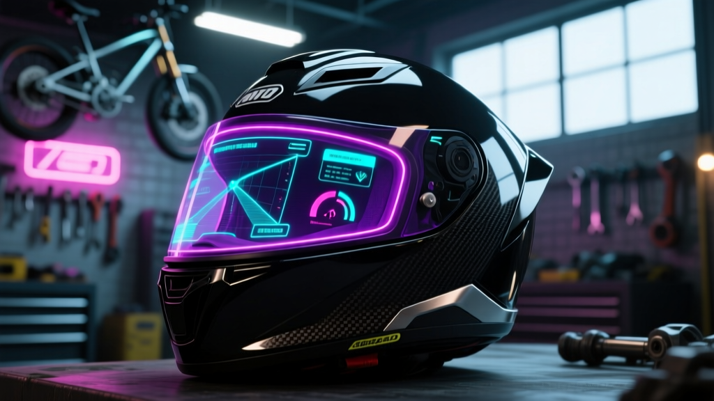 A close-up of a futuristic motorcycle helmet with an illuminated augmented reality heads-up display visor in a neon-lit garage.