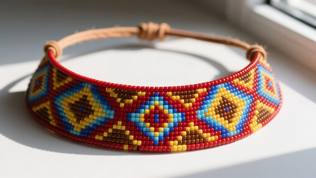 Close-up of a Native loom-beaded necklace with size 11/0 Czech glass seed beads in geometric patterns on deer hide