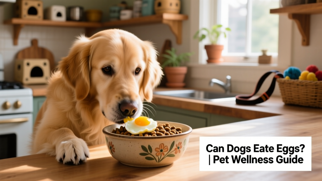 A medium-sized dog enjoying scrambled eggs mixed into kibble from a ceramic bowl