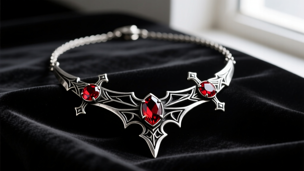 Oxidized silver necklace with dark fantasy sword motifs, black enamel inlays, and red garnet gems resting on dark velvet fabric.