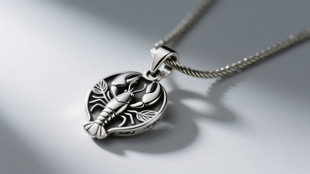 Macro shot of a pewter Willow Tree pendant lobster clasp and cable chain highlighting brushed metal texture and silver plating.