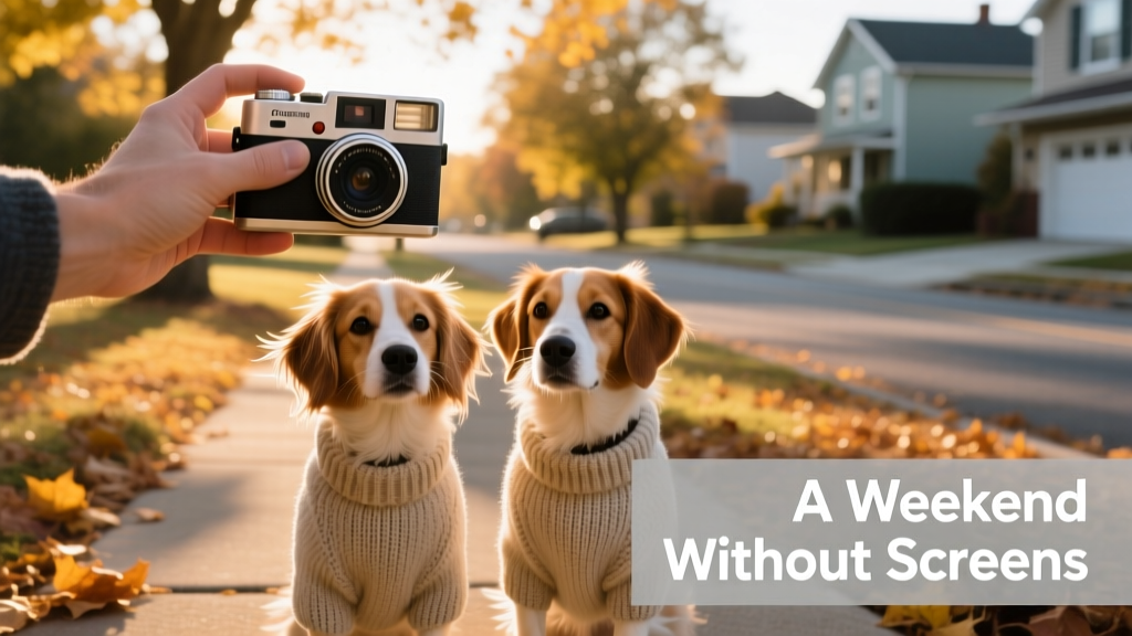 A hand holding a vintage-style instant camera pointed toward two dogs wearing cozy sweaters, standing on a leafy neighborhood sidewalk