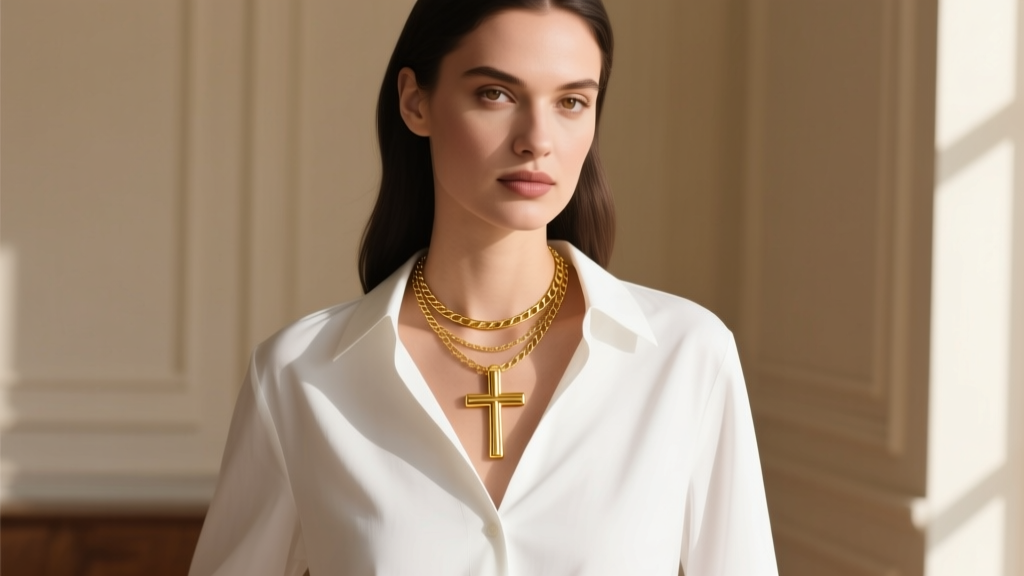 Woman wearing a 16-inch gold cross necklace layered with a paperclip chain, paired with a crisp white V-neck button-down shirt.