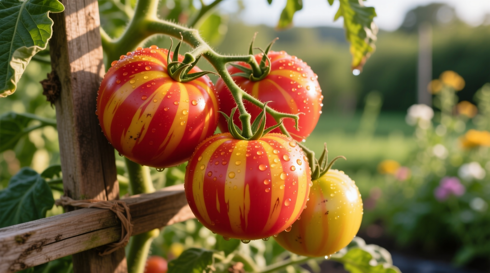 Ripe Mr. Stripey tomatoes on vine with distinctive red and yellow stripes