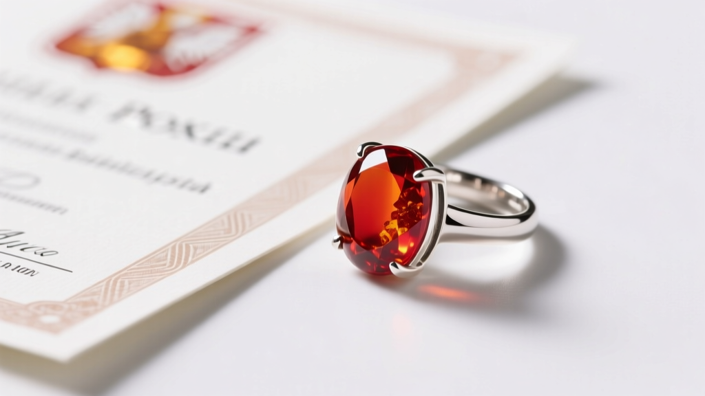 Authentic Polish Baltic amber certificate resting beside a sterling silver ring featuring a vibrant, cherry-red amber cabochon stone.