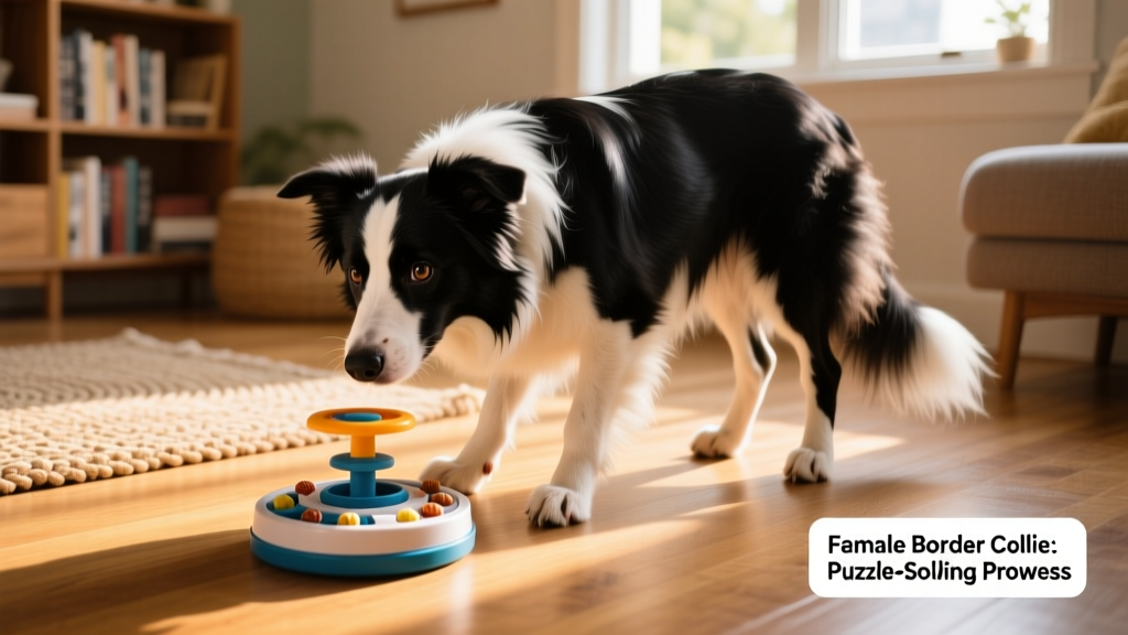 A female Border Collie solving a treat-dispensing puzzle toy indoors