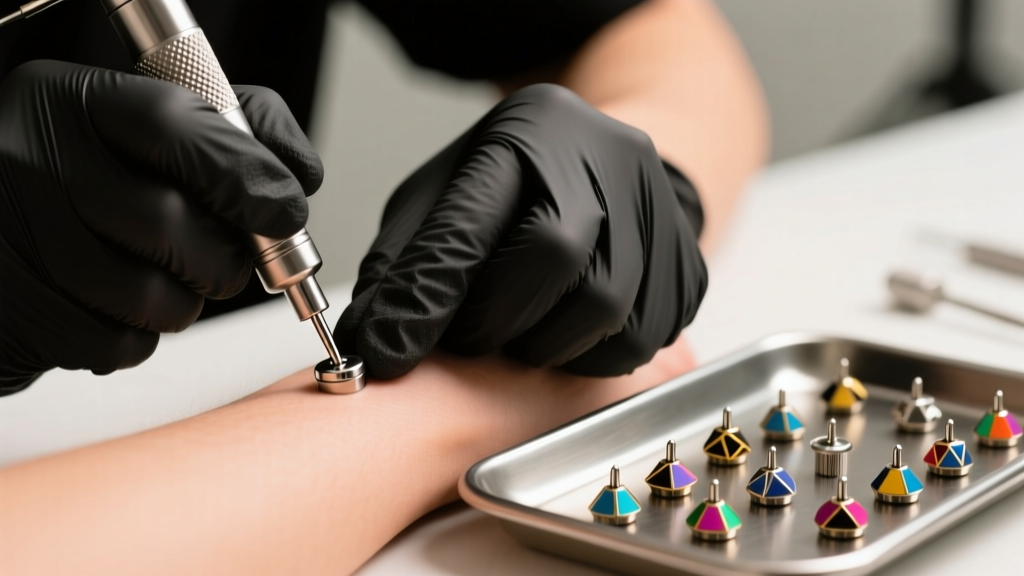 Piercer using a dermal punch to insert a titanium anchor base, with cross dermal tops displayed on a surgical steel tray nearby