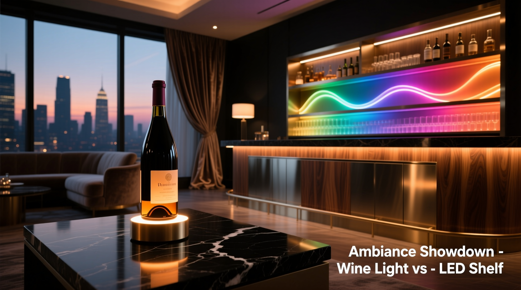 wine bottle light-up base vs LED-lit bar shelf which creates better ambiance for evening pours