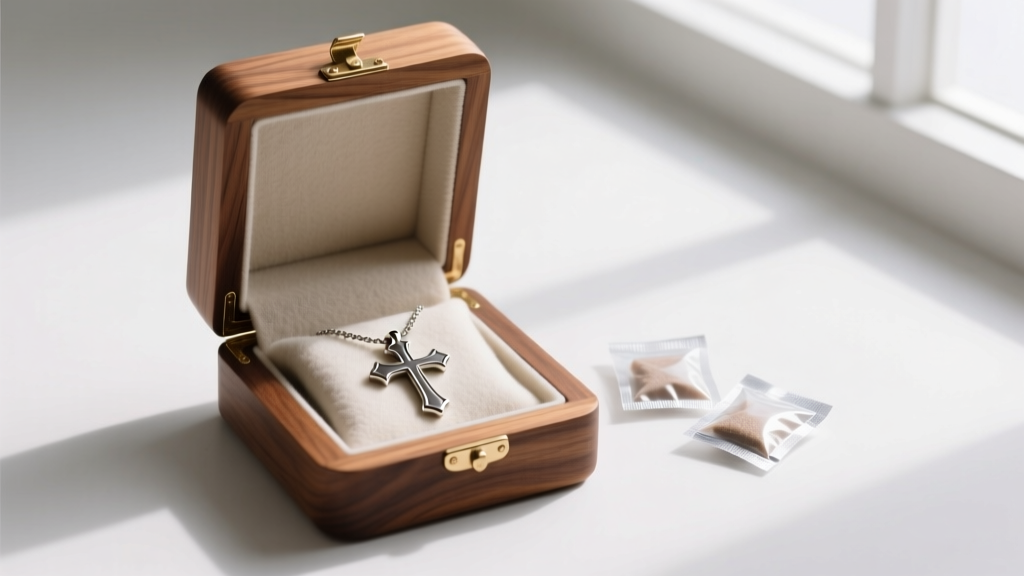 Cedar wood jewelry box showing a templar cross necklace inside an anti-tarnish flannel pouch next to small silica gel packets.