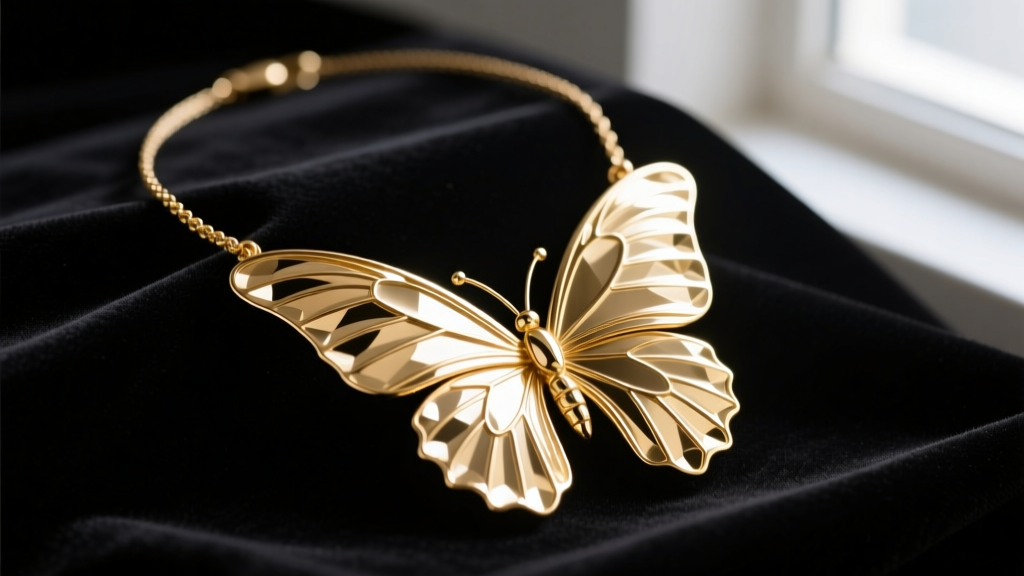 A large gold vermeil butterfly necklace resting on dark velvet, highlighting intricate wing textures and polished edges.