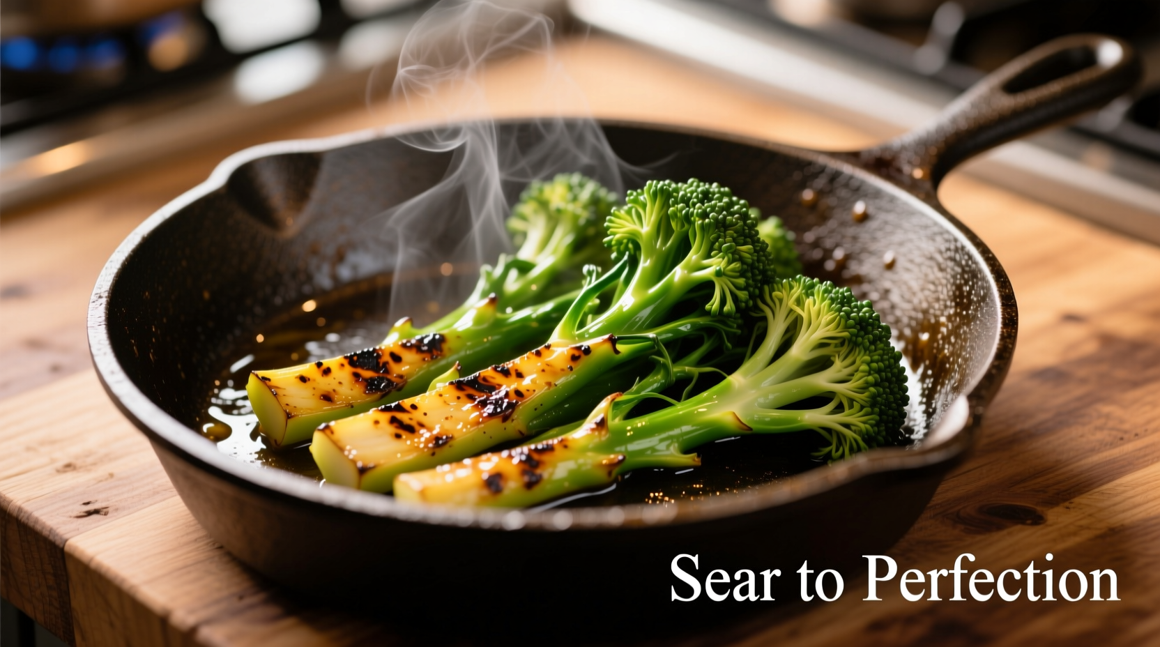 Perfectly seared broccolini in cast iron skillet