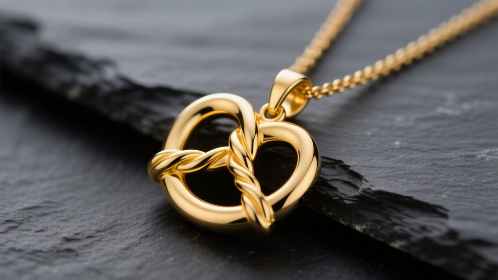 A 14k yellow gold pretzel necklace pendant with twisted loops resting on dark slate under soft studio lighting.
