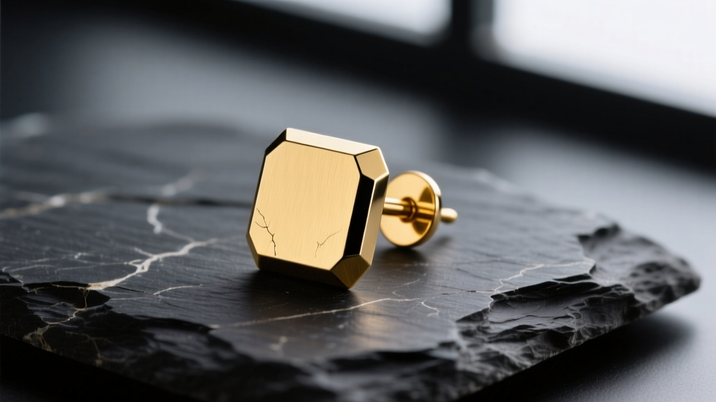Macro shot of a brushed 18k yellow gold masculine stud earring with a matte finish and beveled edge resting on dark slate stone