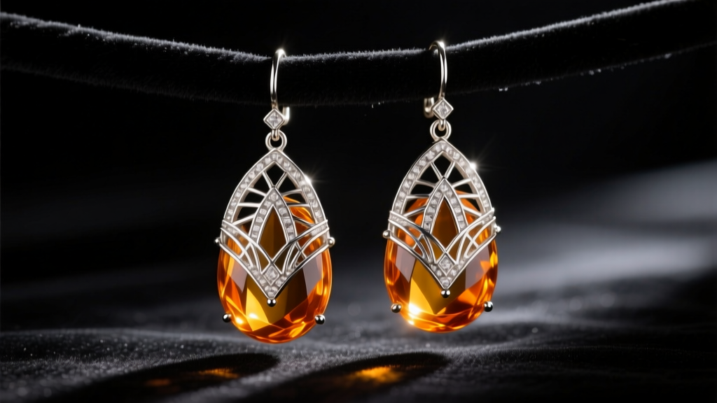Macro shot of 1920s art deco amber drop earrings in platinum filigree, resting on dark velvet under dramatic studio lighting.