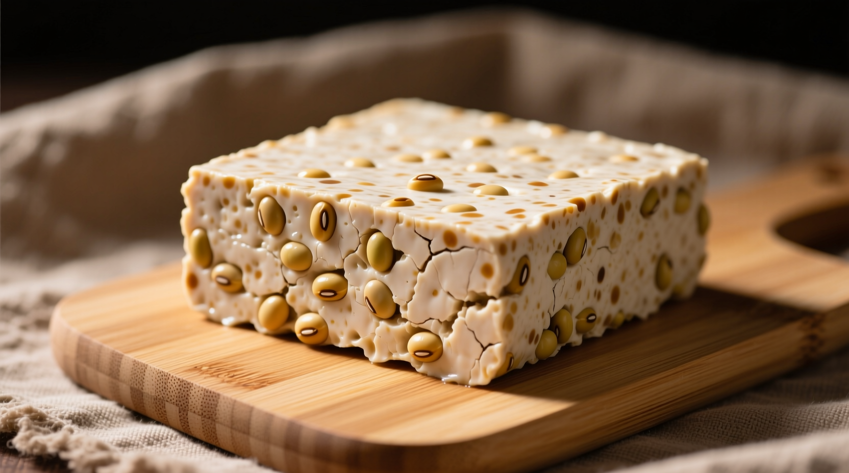 Fresh tempeh block with visible soybeans and firm texture