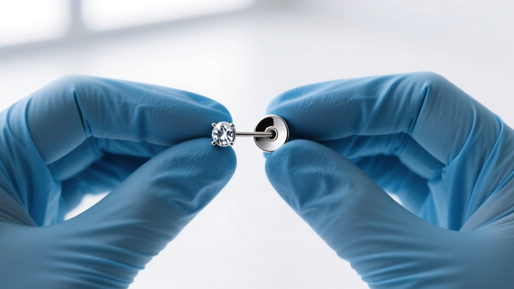 Hands in blue nitrile gloves gripping a titanium cartilage earring front gem and back disc, demonstrating the twist removal method