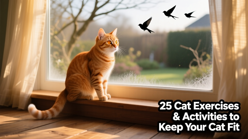 A ginger cat perched on a window sill, intently watching birds outside