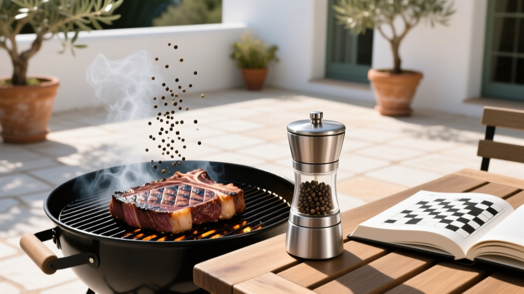 Weatherproof spice grinder dispensing coarse pepper on sizzling steak on outdoor grill with crossword book on patio table