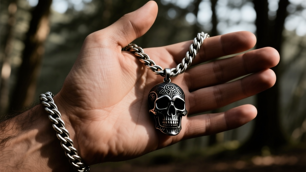 A masculine hand wearing a thick 22-gauge sterling silver rope chain and an oxidized skull pendant in moody outdoor lighting