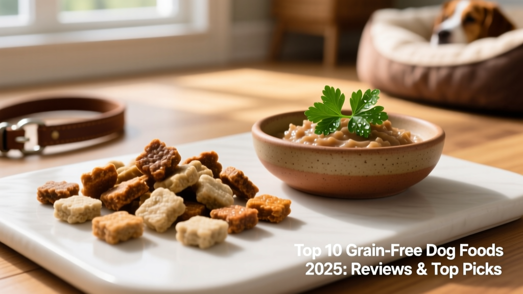 Close-up of kibble pieces showing texture and color variation, next to a bowl of food with fresh parsley garnish