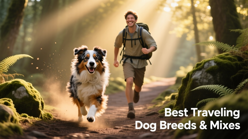 An Australian Shepherd happily trotting alongside a hiker on a forest trail