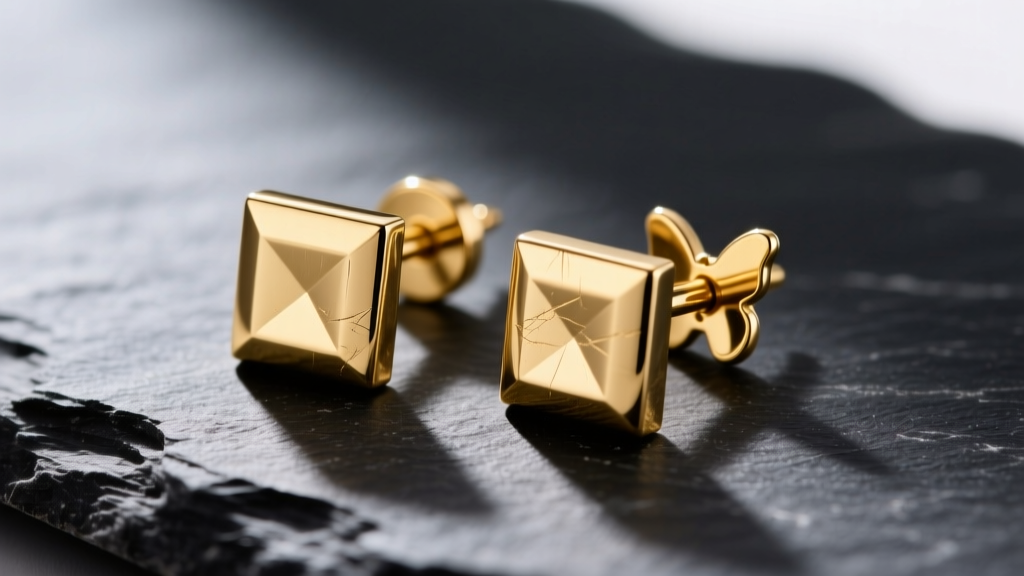 Macro shot of 5mm 18k solid gold square stud earrings on dark slate, showing crisp 90-degree corners and a secure butterfly back.