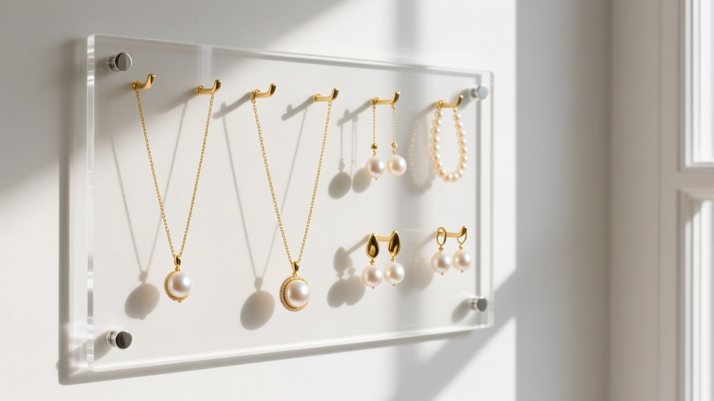 Clear acrylic pegboard jewelry display on a white wall, holding delicate gold necklaces and pearl earrings in soft light