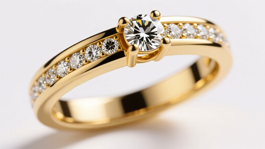 Macro view of an 18k yellow gold Euro-shank diamond ring showing the flattened bottom band designed to fit arthritic knuckles