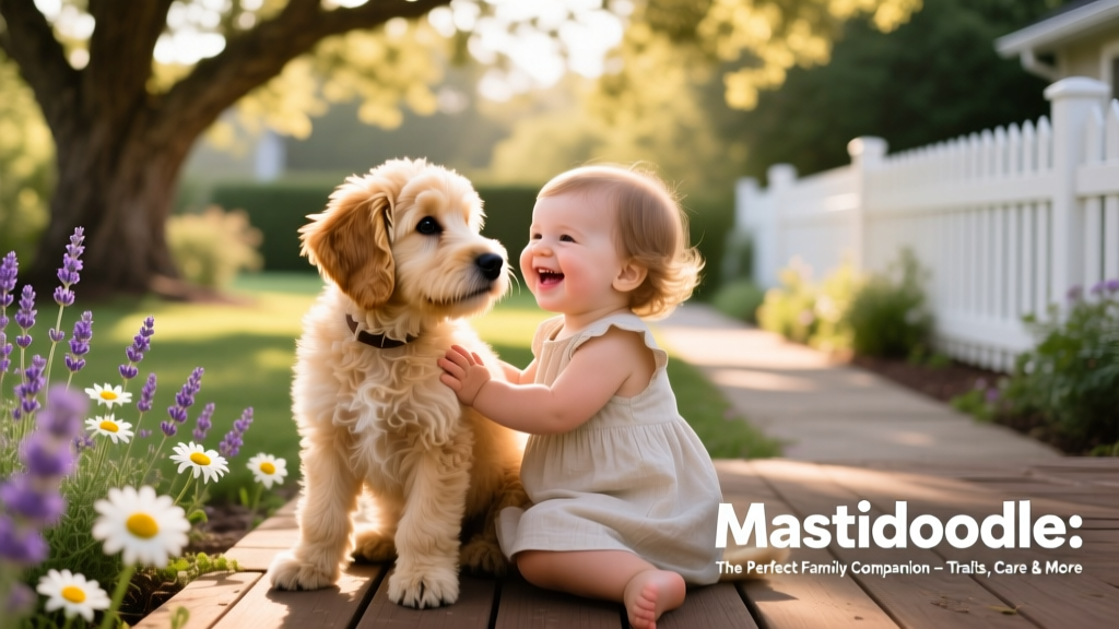 A Mastidoodle puppy playing gently with a toddler in a sunlit backyard, both smiling