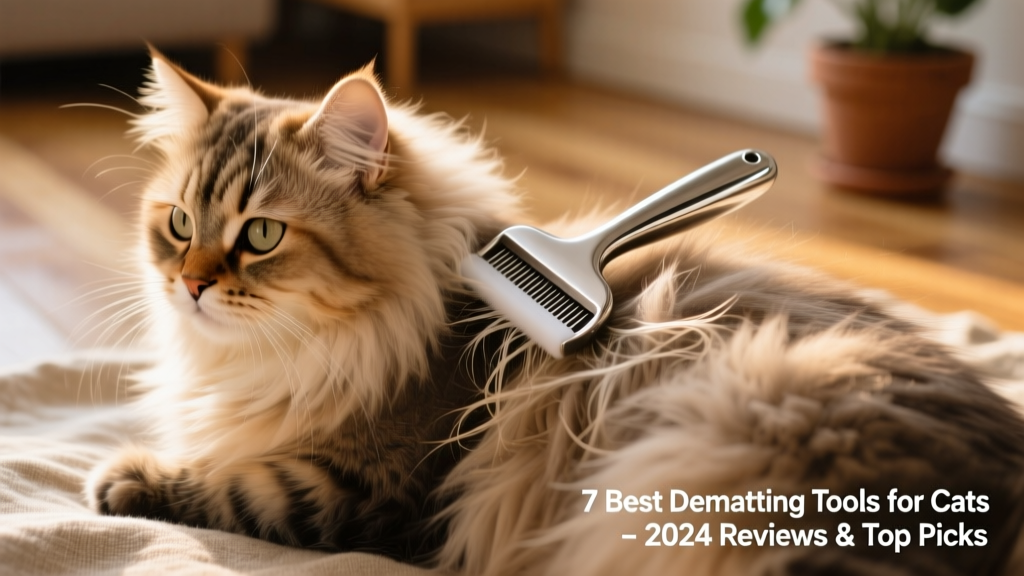 Close-up of a gentle dematting tool being used on a fluffy cat's shoulder, showing smooth gliding motion through fur