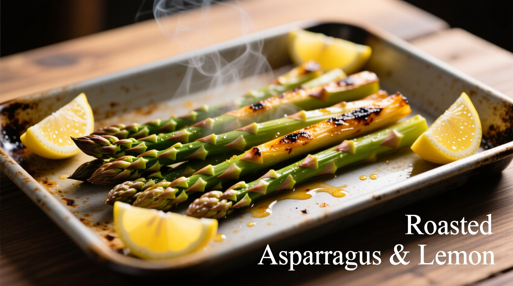 Perfectly roasted asparagus on baking sheet with lemon wedges