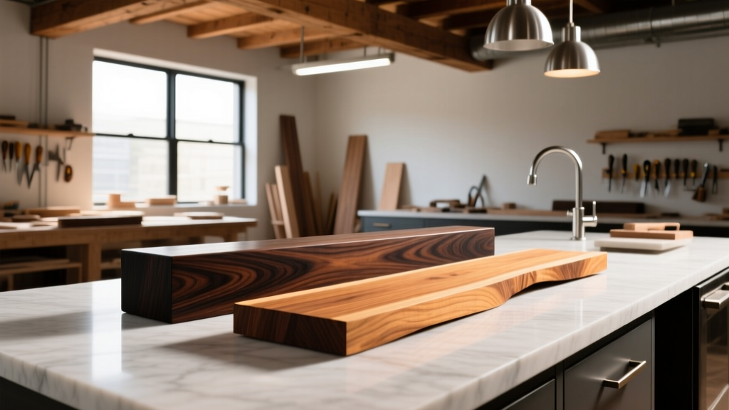 Polished African Blackwood and Sandalwood planks on a marble counter inside a luxury woodworking studio with warm lighting.