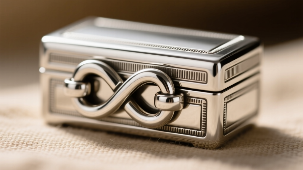 Macro shot of a heavy sterling silver box clasp with double figure-eight safety catches engaged, showing precise metalwork details