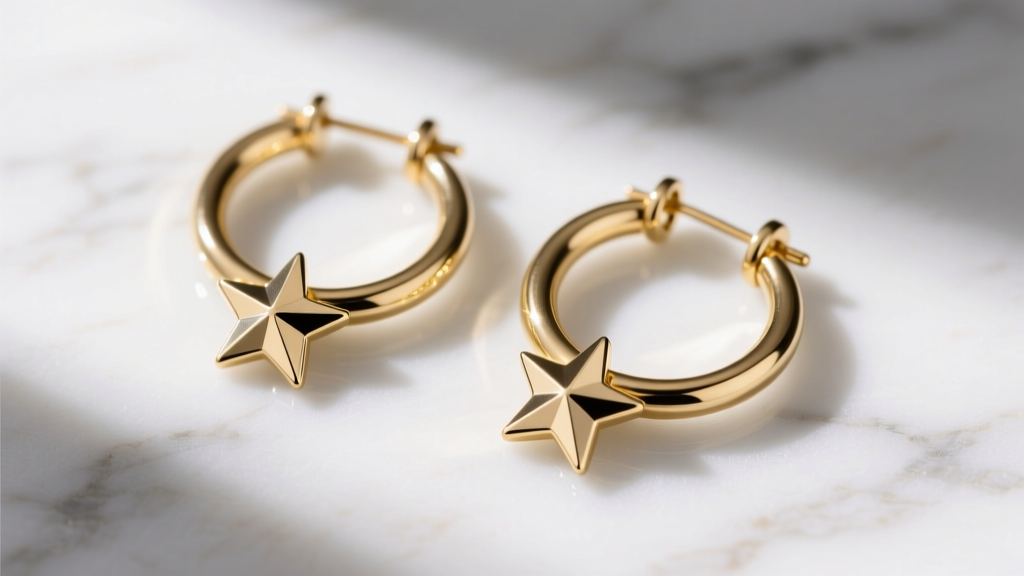 Flat lay of hoop star earrings on marble, showing seamless gold rings, hinged clickers, and star charms, top-down macro view
