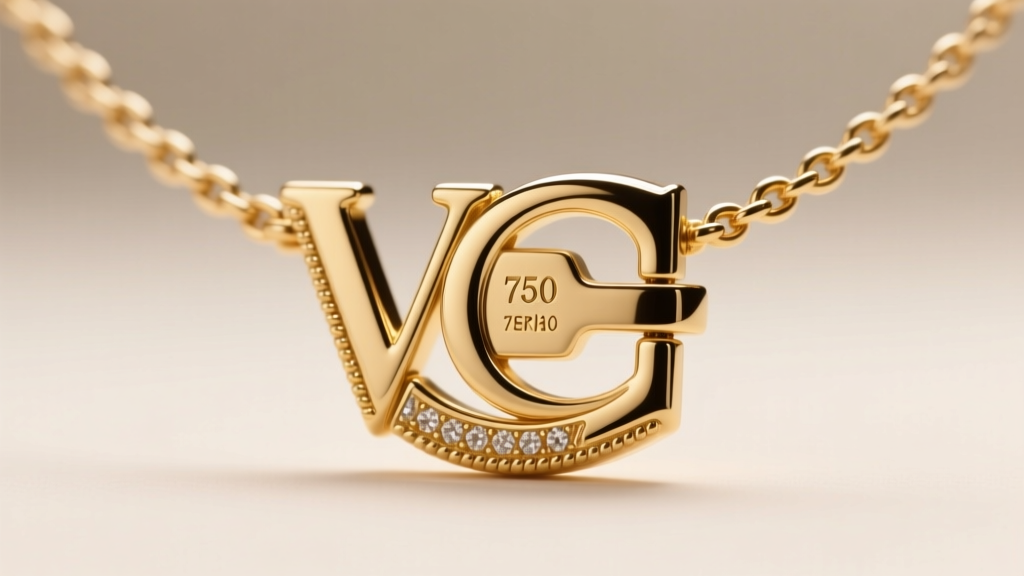 Macro view of a gold VCA necklace clasp revealing the 750 hallmark, serial number, and milgrain edges under soft studio lighting