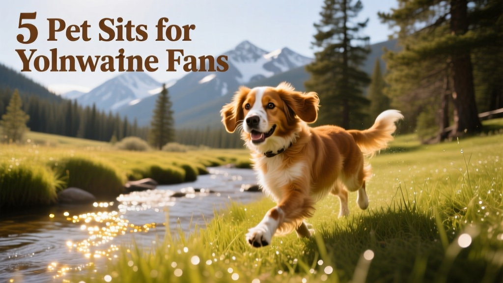 A cheerful Brittany spaniel trotting across a sun-dappled grassy yard beside a mountain stream