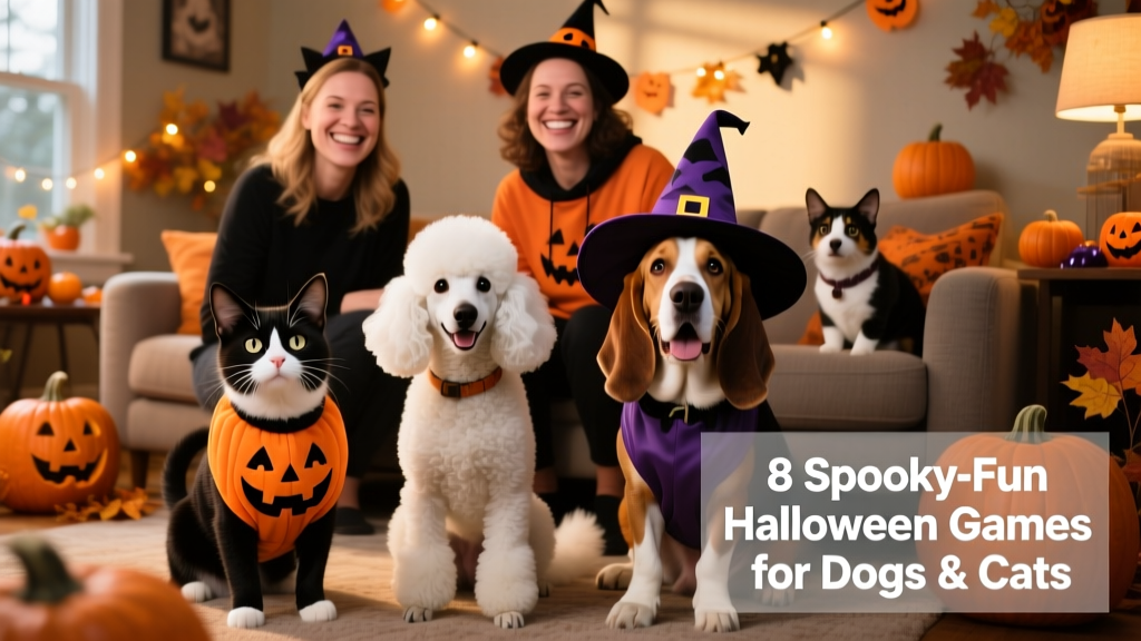 A festive group of costumed dogs and cats posing with their owners at a Halloween party