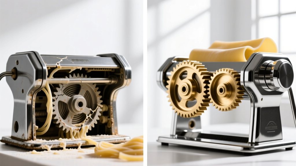 Side-by-side teardown showing stripped internal nylon gears of a budget pasta maker next to intact brass gears of a premium model