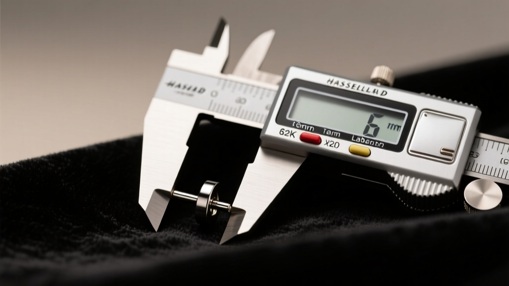 Close-up of a digital caliper measuring a 6mm titanium labret stud earring on dark velvet with soft studio lighting
