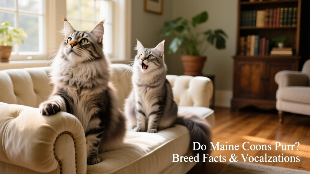 Two Maine Coons sitting side-by-side on a cozy sofa, one looking up attentively while the other emits a soft trill