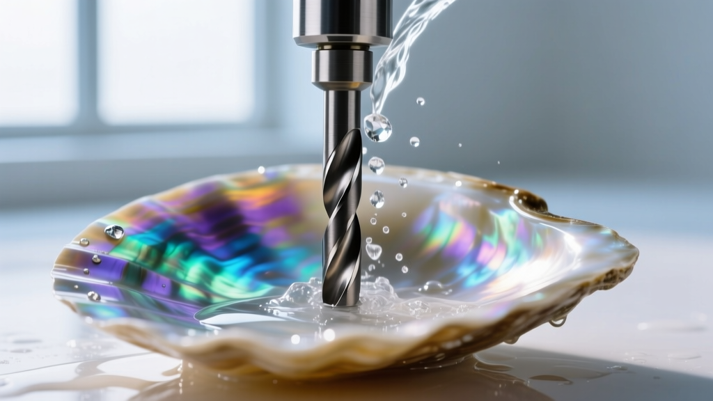Close-up of a diamond core drill bit penetrating raw mother-of-pearl shell under a steady stream of cooling water in a studio