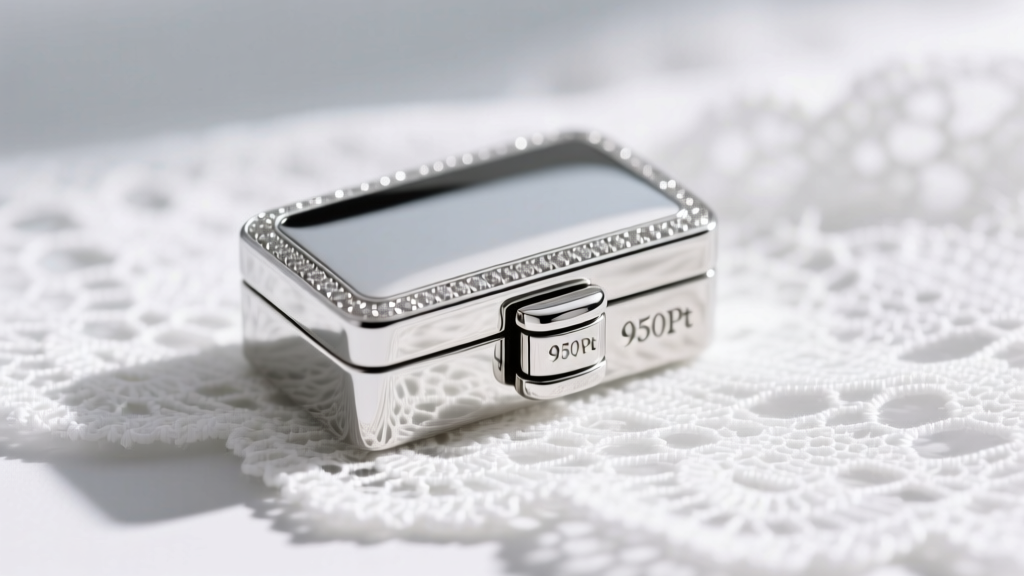 Macro photography of a polished platinum 950Pt box clasp with a double safety catch on a fine bridal chain, resting on white lace.
