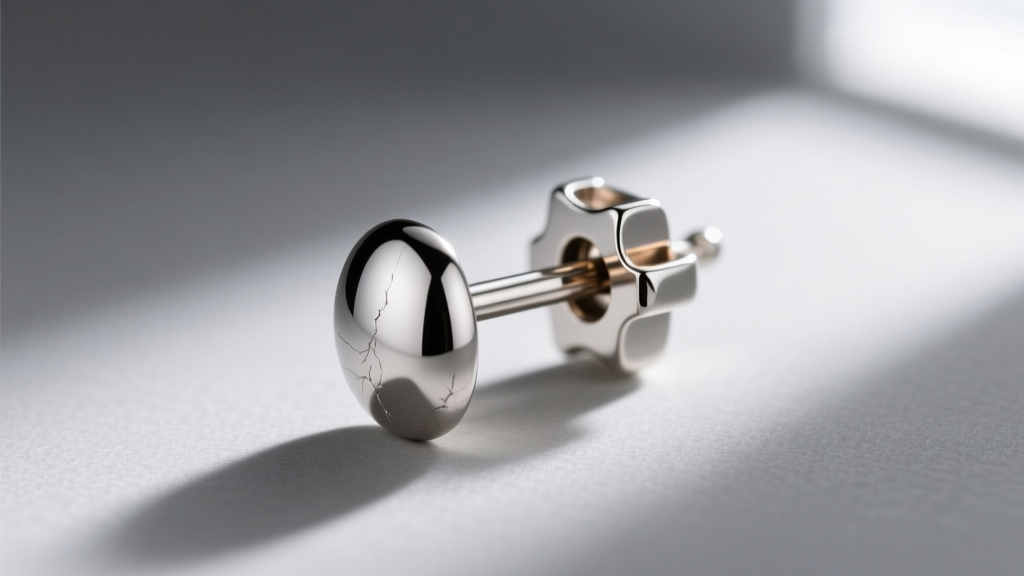 Macro view of 18-gauge solid platinum earring post secured with a La Pousette locking clutch on a neutral gray background